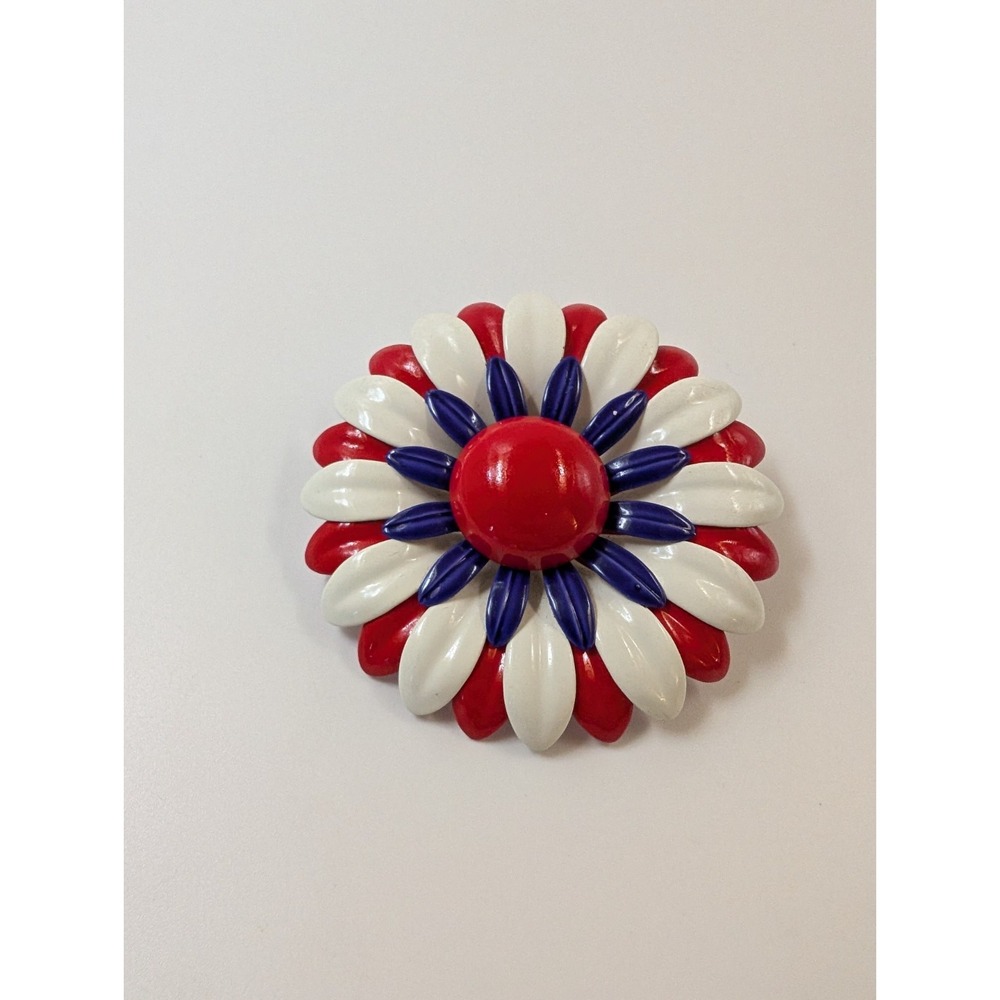 Vintage Enamel Flower Brooch Red White Blue Layered Mod Flower Power Pin